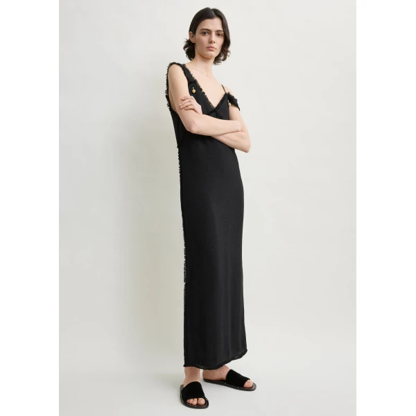 Toteme V-neck raw slip dress in Black, view 3