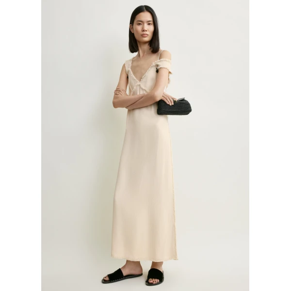 Toteme V-neck raw slip dress in Stone, view 2