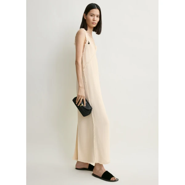 Toteme V-neck raw slip dress in Stone, view 3
