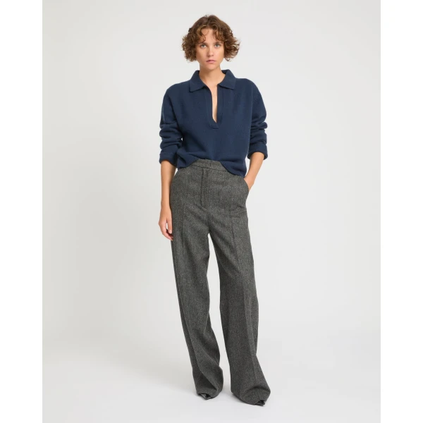 Yves Salomon V-neck Wool and Cashmere Sweater in Dark Blue, view 2