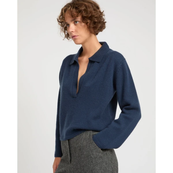 Yves Salomon V-neck Wool and Cashmere Sweater in Dark Blue, view 3