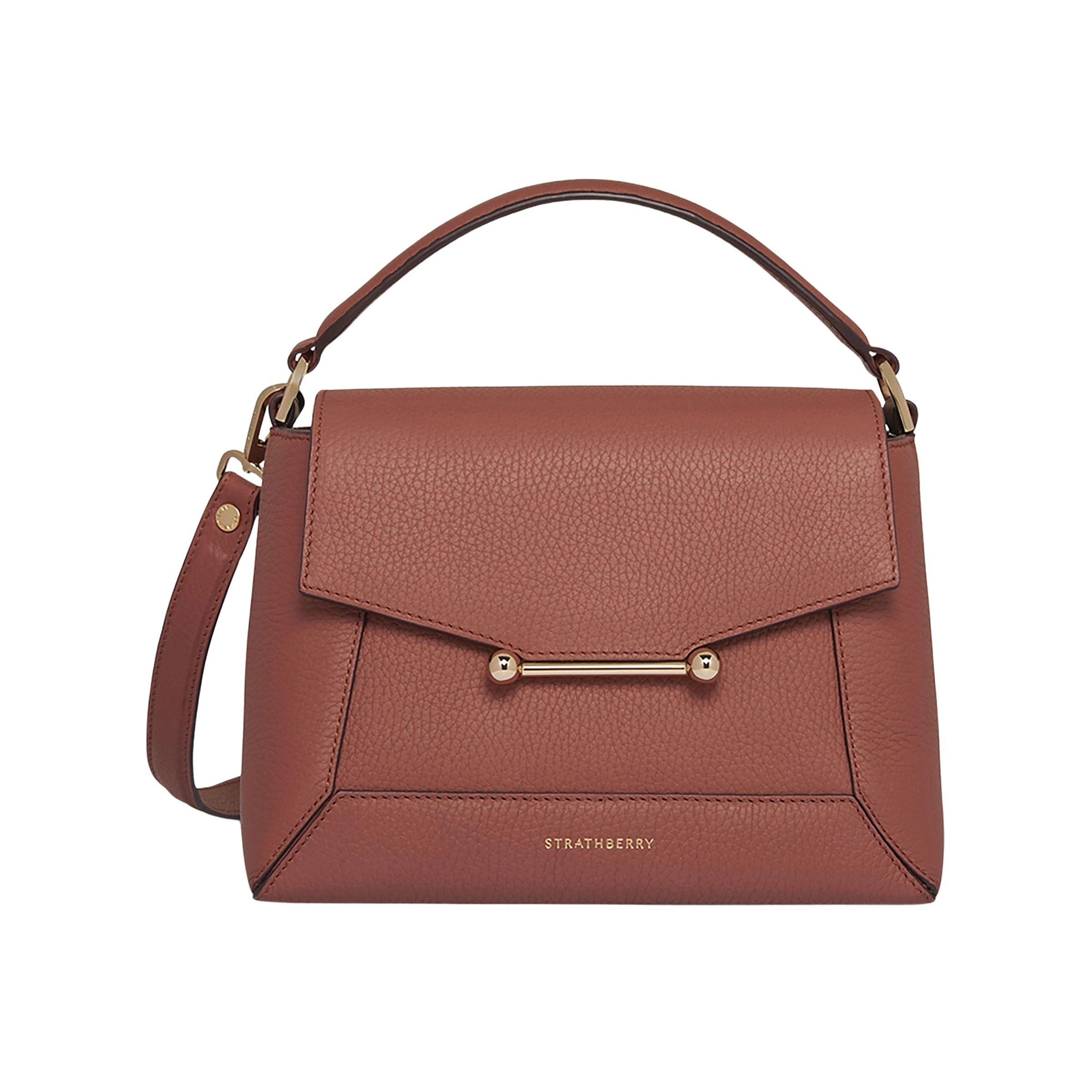 Strathberry Mosaic Bag in sienna leather, a structured top-handle bag with the signature gold metal bar closure, handcrafted in Spain