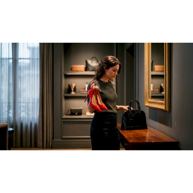 Mujer decidiendo qué bolso y zapatos combinar en su vestidor