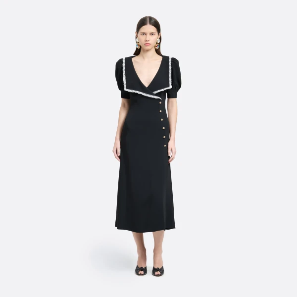 Alessandra Rich Cady Midi Dress with Lace Trim in Black, view 2