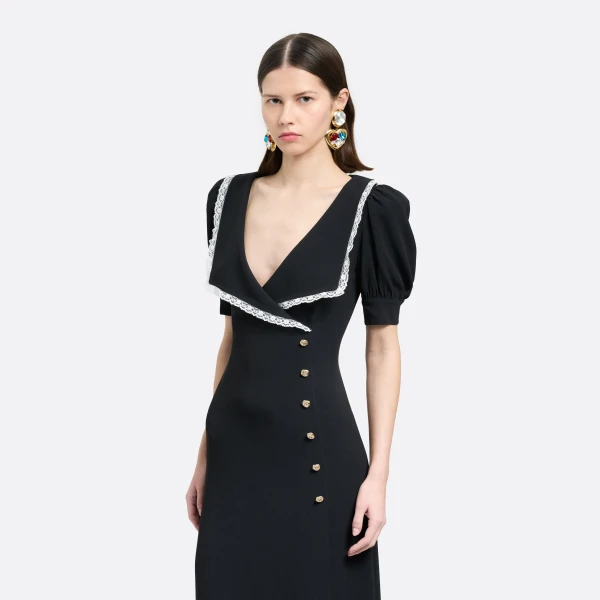 Alessandra Rich Cady Midi Dress with Lace Trim in Black, view 3
