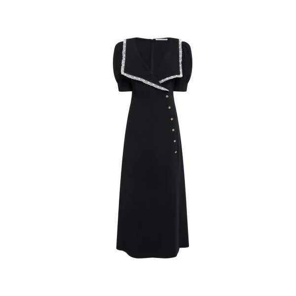 Alessandra Rich Cady Midi Dress with Lace Trim in Black