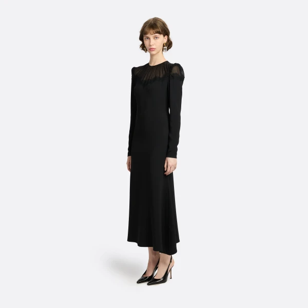 Alessandra Rich Cady and Silk Georgette Midi Dress in Black, view 2