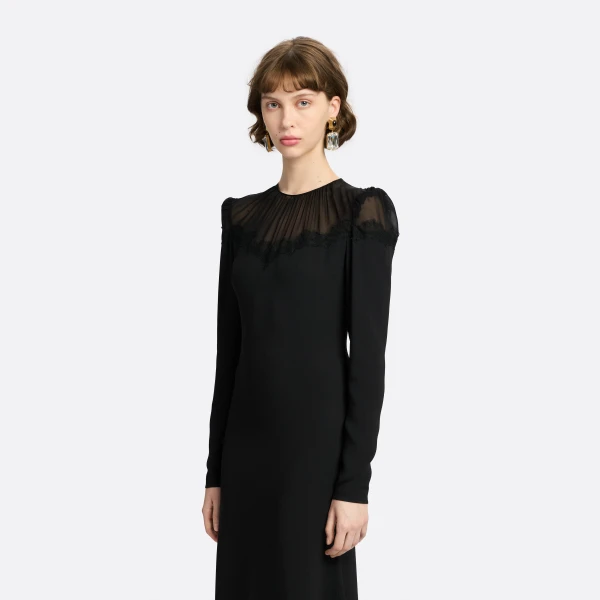 Alessandra Rich Cady and Silk Georgette Midi Dress in Black, view 3