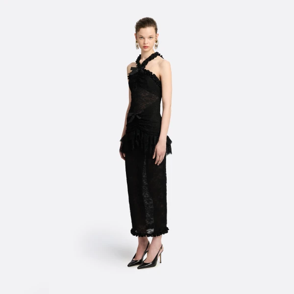 Alessandra Rich Chantilly Lace Halterneck Evening Dress in Black, view 2