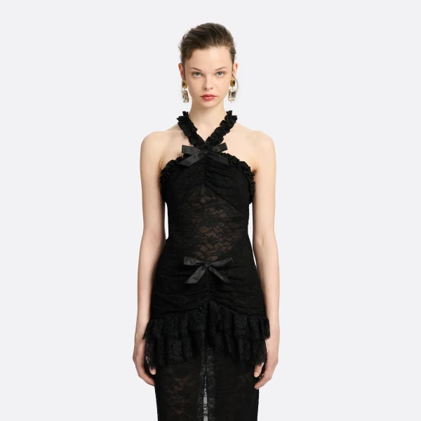 Alessandra Rich Chantilly Lace Halterneck Evening Dress in Black, view 3
