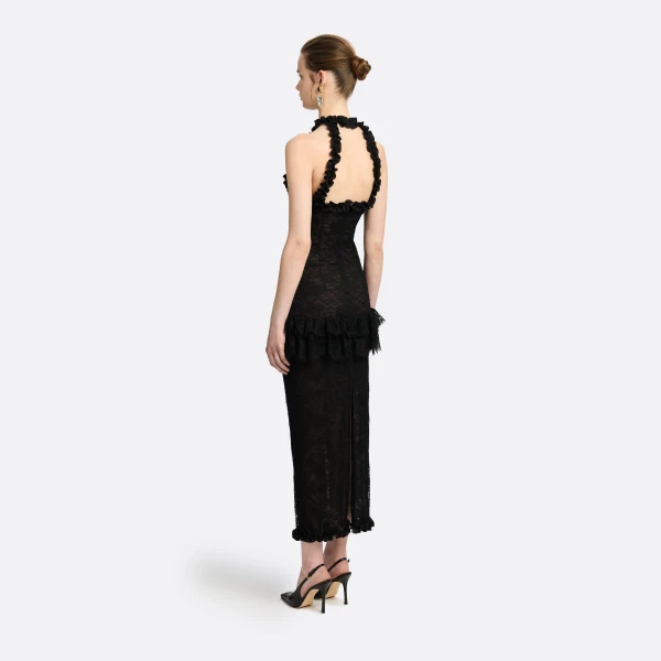 Alessandra Rich Chantilly Lace Halterneck Evening Dress in Black, view 4