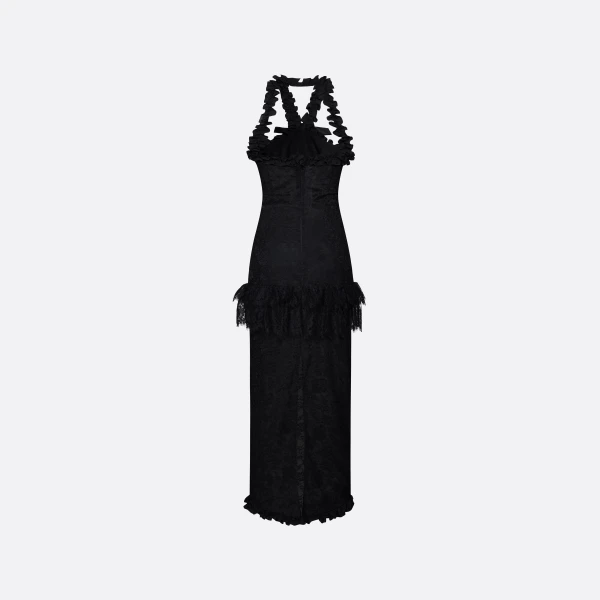 Alessandra Rich Chantilly Lace Halterneck Evening Dress in Black, view 5