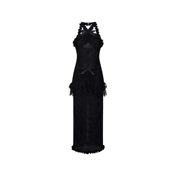 Alessandra Rich Chantilly Lace Halterneck Evening Dress in Black