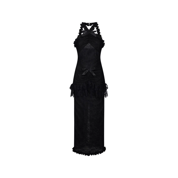 Alessandra Rich Chantilly Lace Halterneck Evening Dress in Black