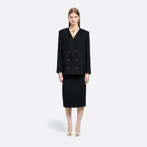 Alessandra Rich Check Tweed Bouclé Double Breasted Jacket in Black, view 2
