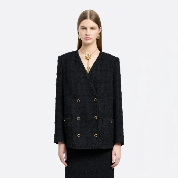 Alessandra Rich Check Tweed Bouclé Double Breasted Jacket in Black, view 3