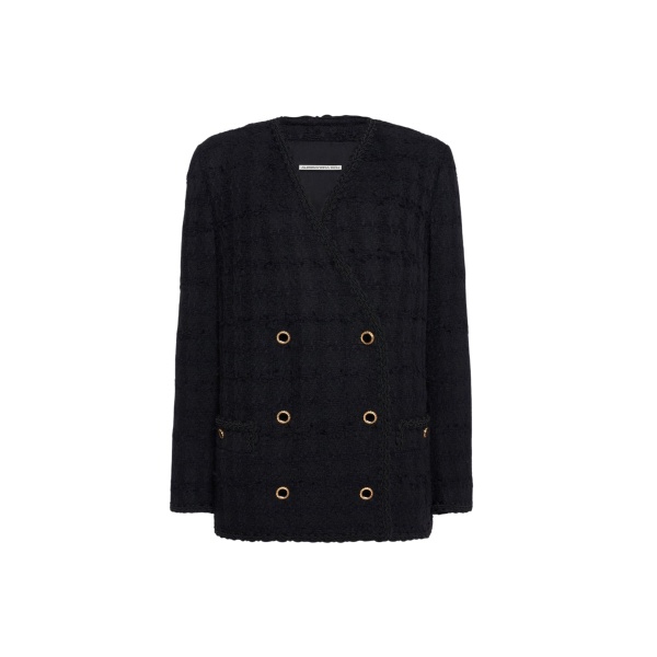 Alessandra Rich Check Tweed Bouclé Double Breasted Jacket in Black