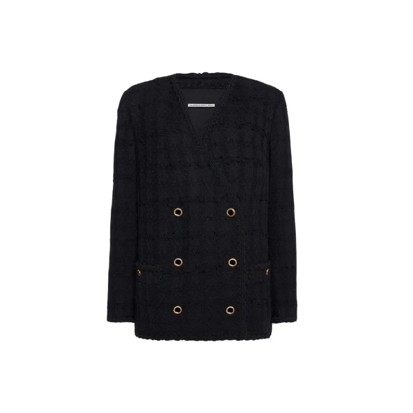 Alessandra Rich Check Tweed Bouclé Double Breasted Jacket in Black