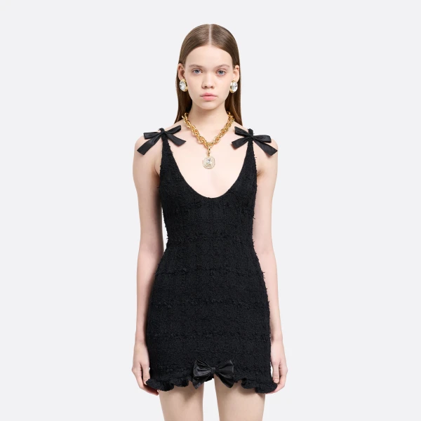 Alessandra Rich Check Tweed Bouclé Mini Dress with Bows in Black, view 3