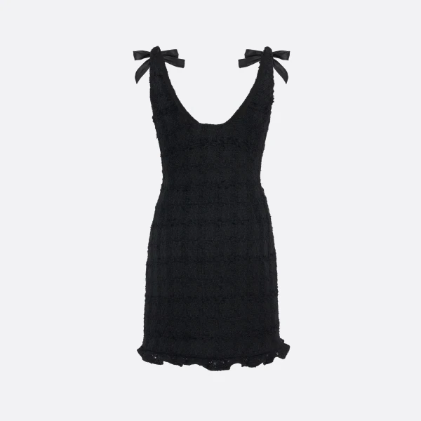 Alessandra Rich Check Tweed Bouclé Mini Dress with Bows in Black, view 5