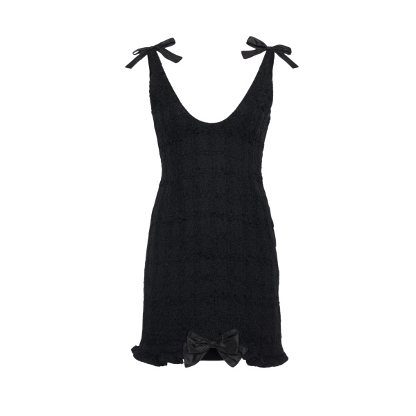 Alessandra Rich Check Tweed Bouclé Mini Dress with Bows in Black