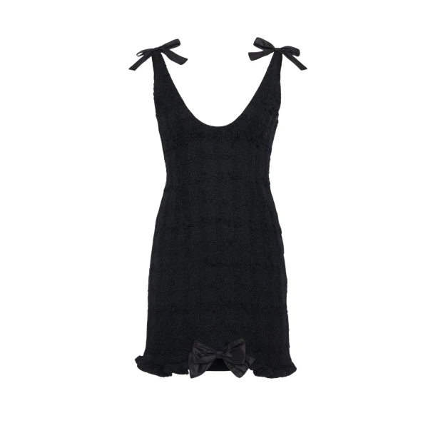 Alessandra Rich Check Tweed Bouclé Mini Dress with Bows in Black