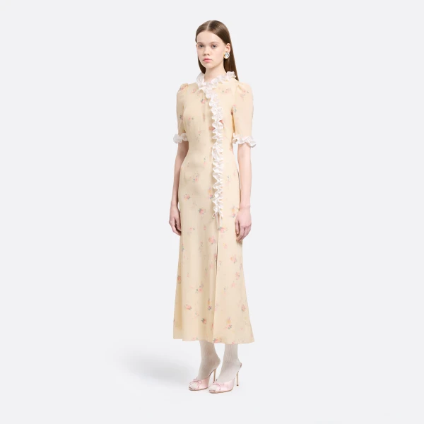 Alessandra Rich Floral-Print Silk Dress with Ruffles in Cream and Multi, view 2