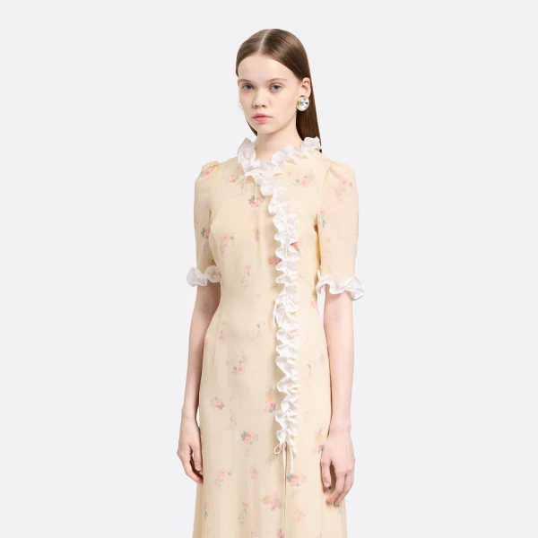 Alessandra Rich Floral-Print Silk Dress with Ruffles in Cream and Multi, view 3