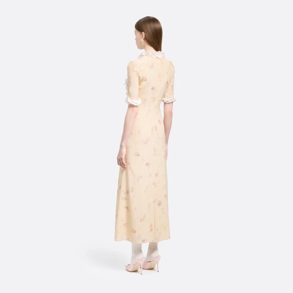 Alessandra Rich Floral-Print Silk Dress with Ruffles in Cream and Multi, view 4
