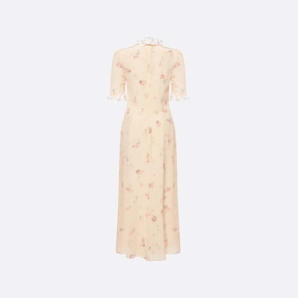 Alessandra Rich Floral-Print Silk Dress with Ruffles in Cream and Multi, view 5