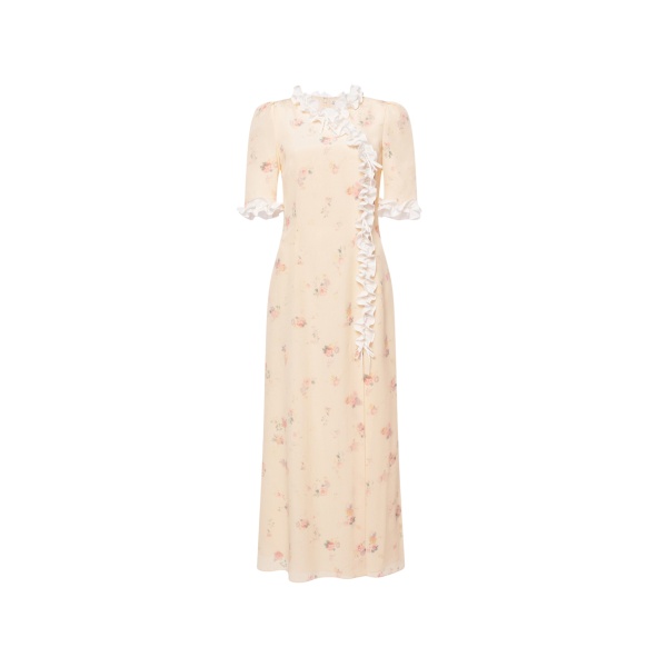 Alessandra Rich Floral-Print Silk Dress with Ruffles in Cream and Multi