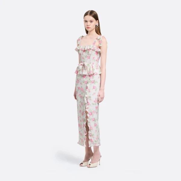 Alessandra Rich Floral-Print Silk Dress with Ruffles in Pink and White, view 2