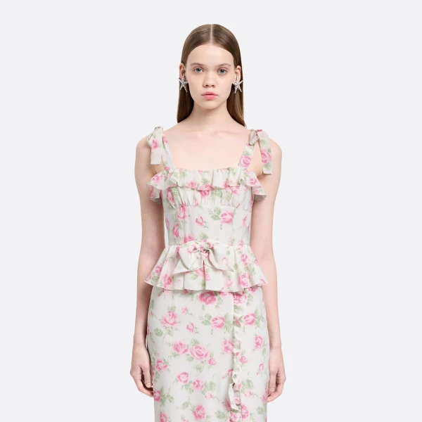 Alessandra Rich Floral-Print Silk Dress with Ruffles in Pink and White, view 3