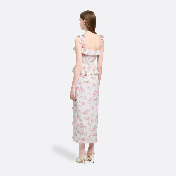 Alessandra Rich Floral-Print Silk Dress with Ruffles in Pink and White, view 4