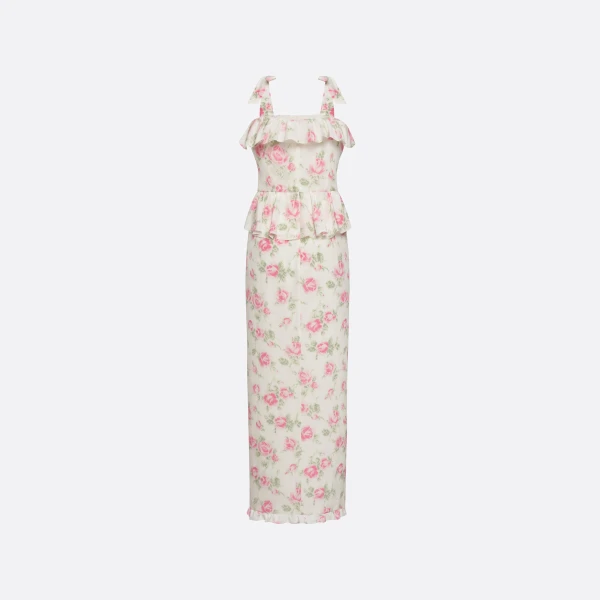 Alessandra Rich Floral-Print Silk Dress with Ruffles in Pink and White, view 5
