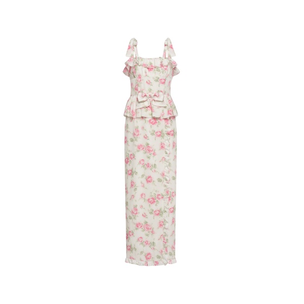Alessandra Rich Floral-Print Silk Dress with Ruffles in Pink and White