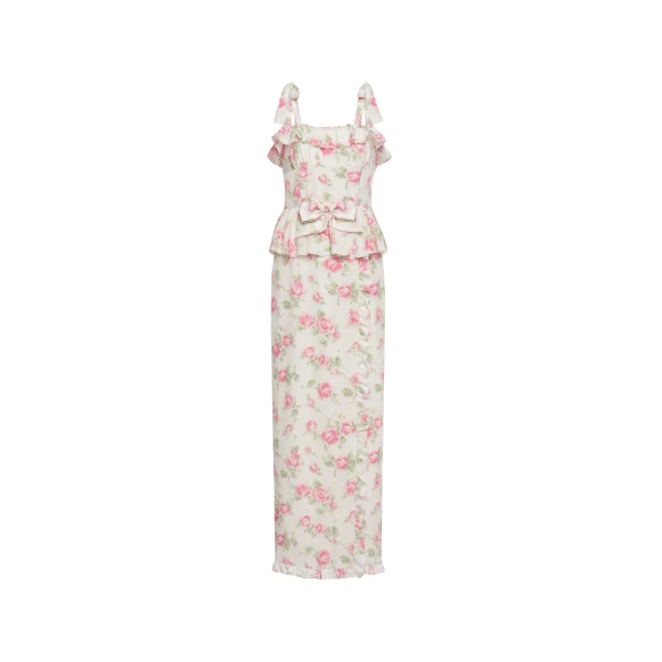 Alessandra Rich Floral-Print Silk Dress with Ruffles in Pink and White