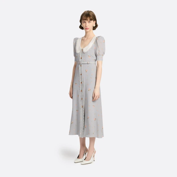 Alessandra Rich Floral-Print Silk Midi Dress in Pearl Grey and Pink, view 2