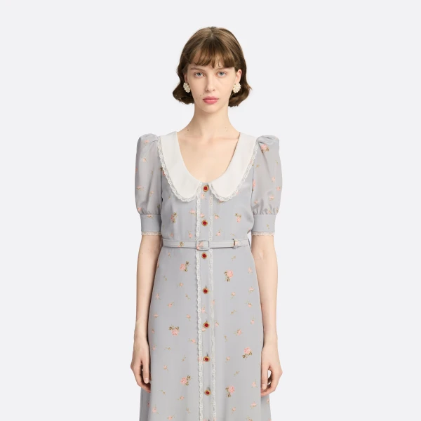 Alessandra Rich Floral-Print Silk Midi Dress in Pearl Grey and Pink, view 3