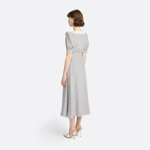 Alessandra Rich Floral-Print Silk Midi Dress in Pearl Grey and Pink, view 4