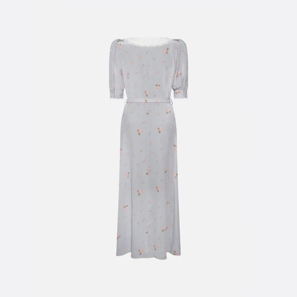 Alessandra Rich Floral-Print Silk Midi Dress in Pearl Grey and Pink, view 5