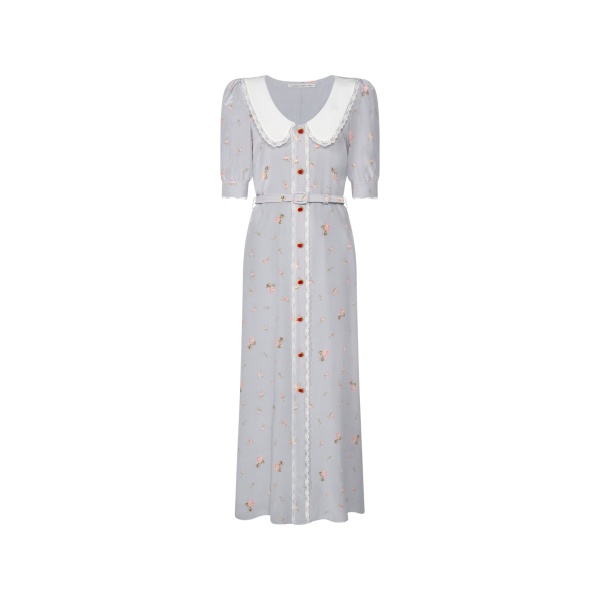 Alessandra Rich Floral-Print Silk Midi Dress in Pearl Grey and Pink