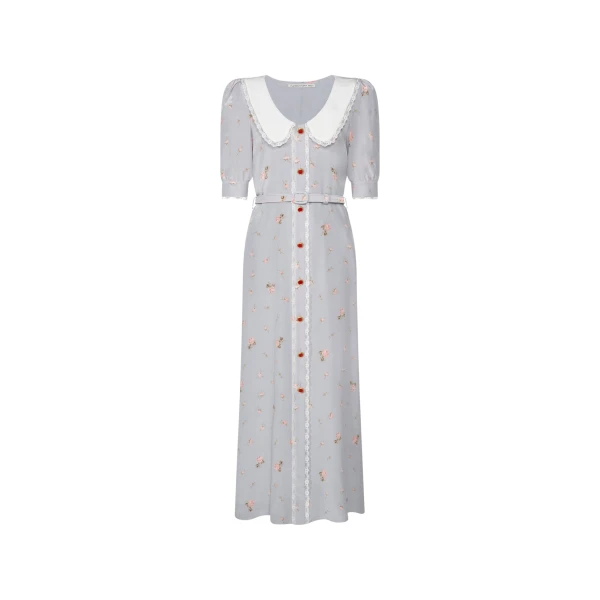 Alessandra Rich Floral-Print Silk Midi Dress in Pearl Grey and Pink