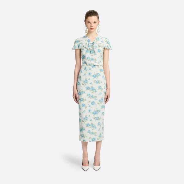 Alessandra Rich Floral-Print Silk Midi Dress in White and Multi, view 2