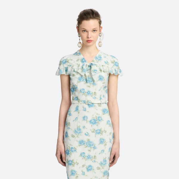 Alessandra Rich Floral-Print Silk Midi Dress in White and Multi, view 3