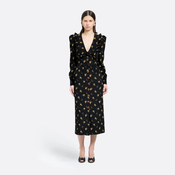 Alessandra Rich Floral-Print Silk Midi Dress with V-Neckline in Black and Yellow, view 2