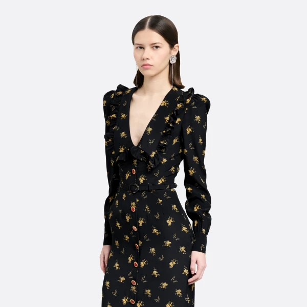Alessandra Rich Floral-Print Silk Midi Dress with V-Neckline in Black and Yellow, view 3