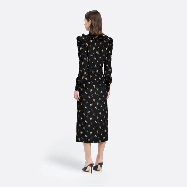 Alessandra Rich Floral-Print Silk Midi Dress with V-Neckline in Black and Yellow, view 4