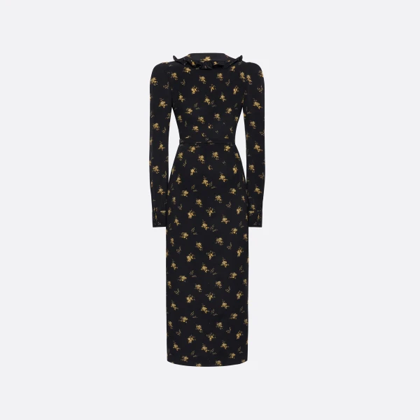 Alessandra Rich Floral-Print Silk Midi Dress with V-Neckline in Black and Yellow, view 5