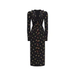 Alessandra Rich Floral-Print Silk Midi Dress with V-Neckline in Black and Yellow